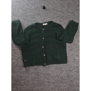 LOFT Women's Forest Green Open Stitch Pointelle Knit Cardigan Sweater Button XL